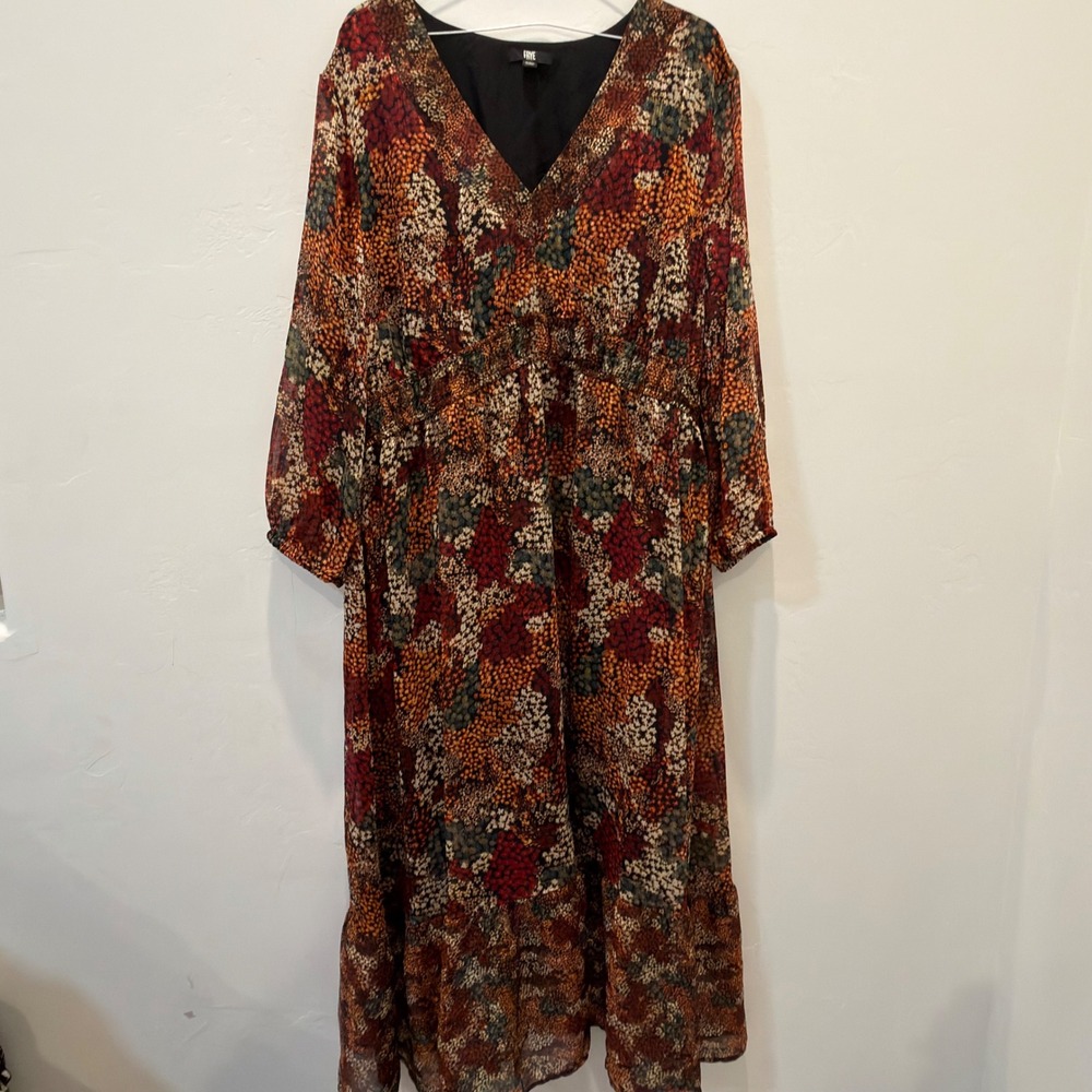 Frye Women XXL Floral V-Neck Maxi Dress Rust Orange Smocked Waist Long Sleeve